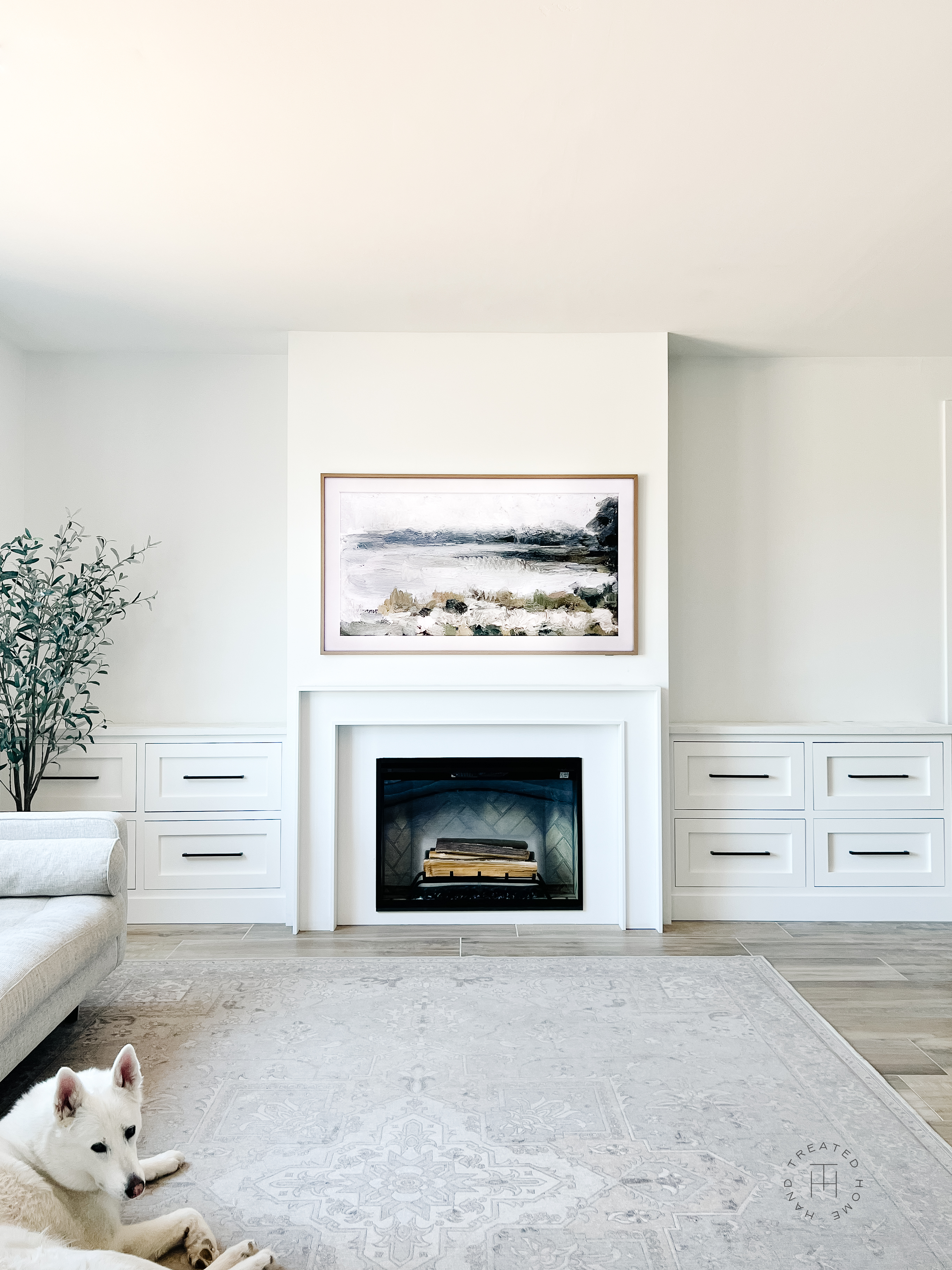 See how our modern DIY fireplace mantel shelf updated our living