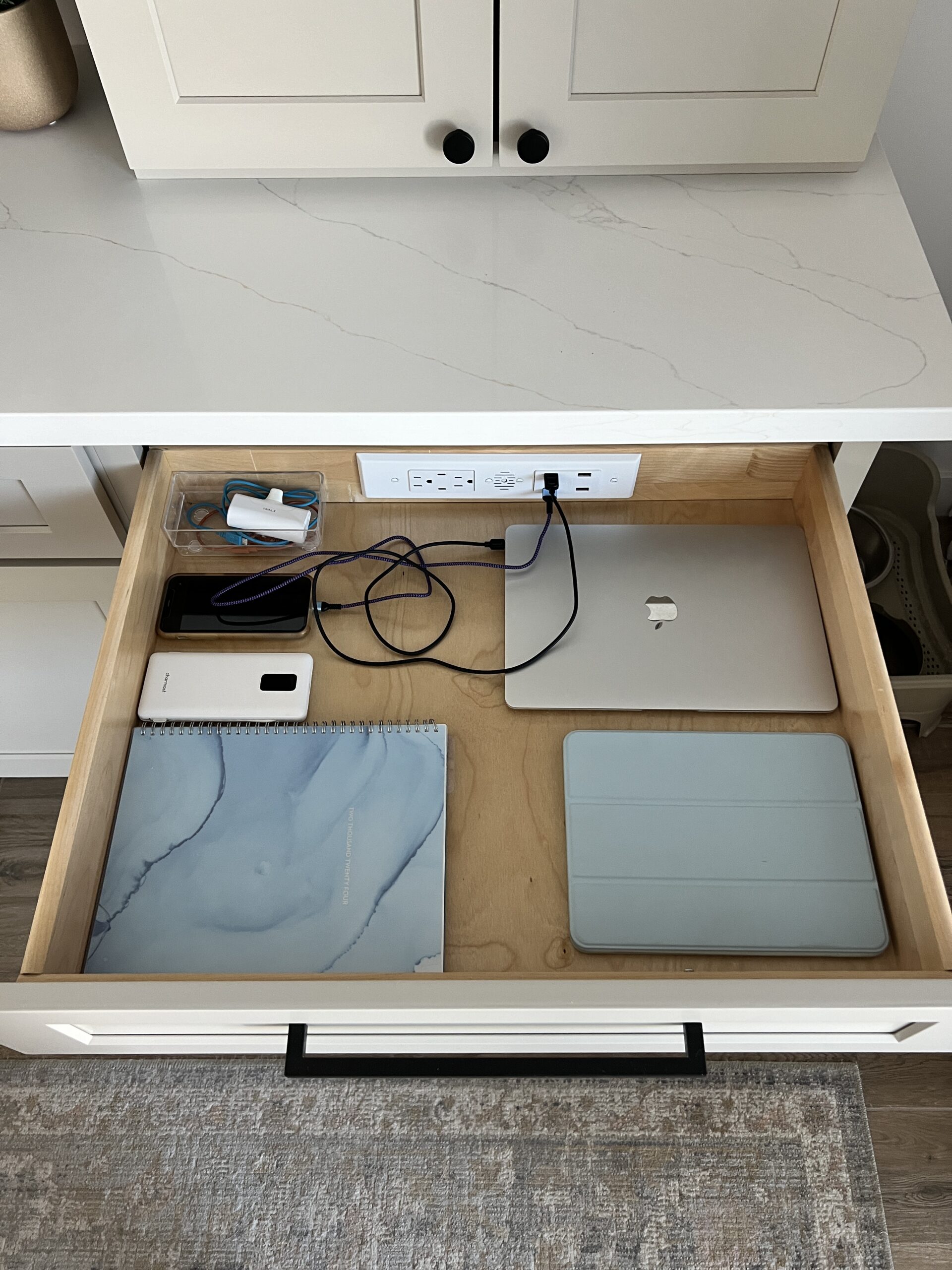 Organized charging drawer with Docking Drawer outlet